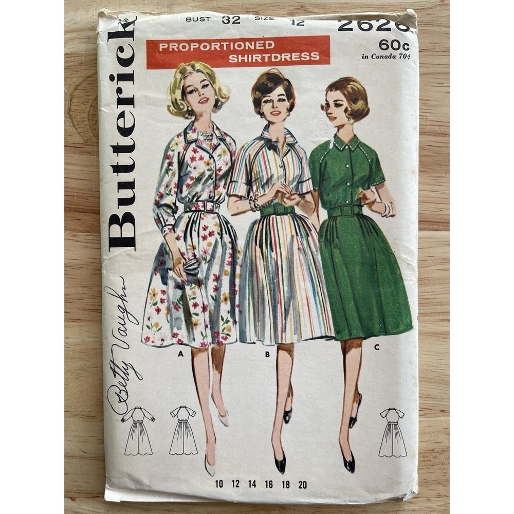 VTG Butterick 2626 Pattern‎ 1950s Dress Proportioned Shirtwaist Size 12 Bust 32